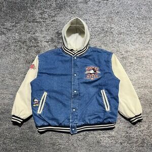 VTG Disney Mickey Mouse Tried & True Jacket Mens XL Denim Varsity Bomber Hooded